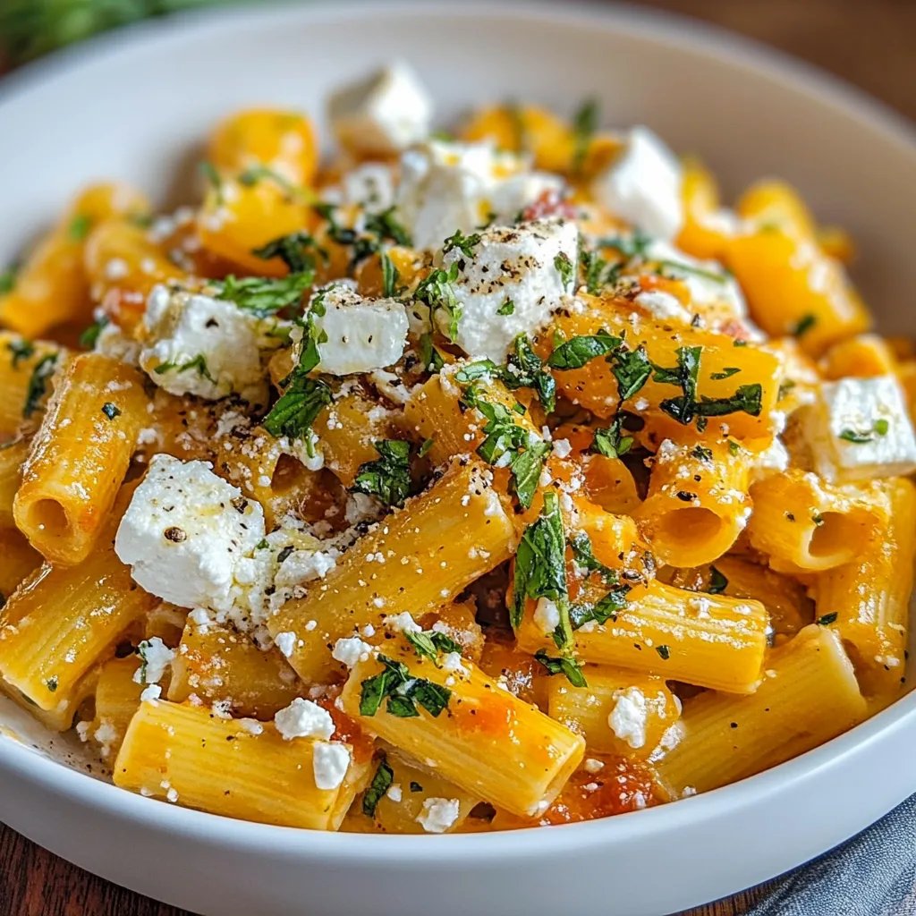Pasta mit Kürbissoße und Feta