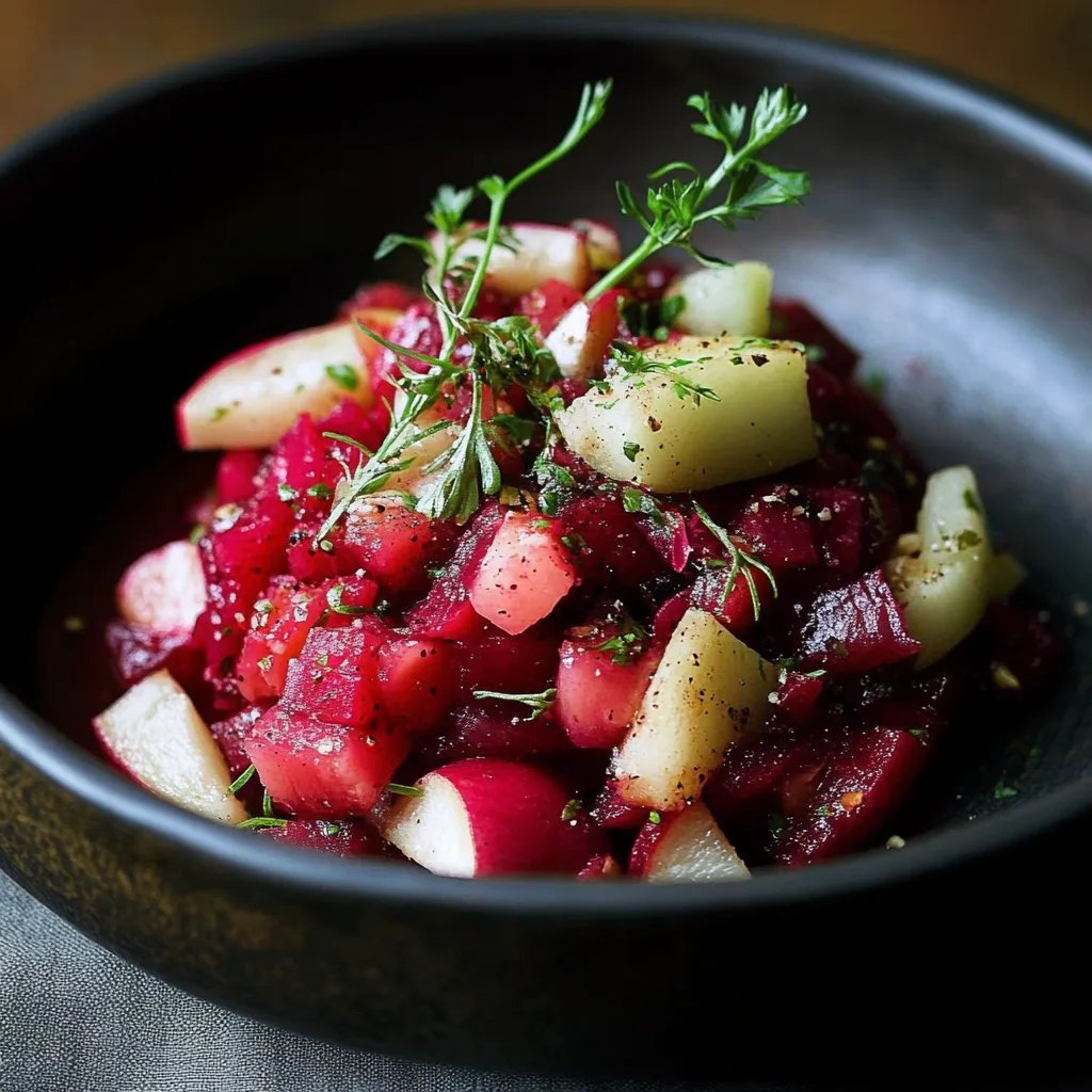 Rote Rüben Tatar mit Apfel, Kapern & Haselnuss-Mayo
